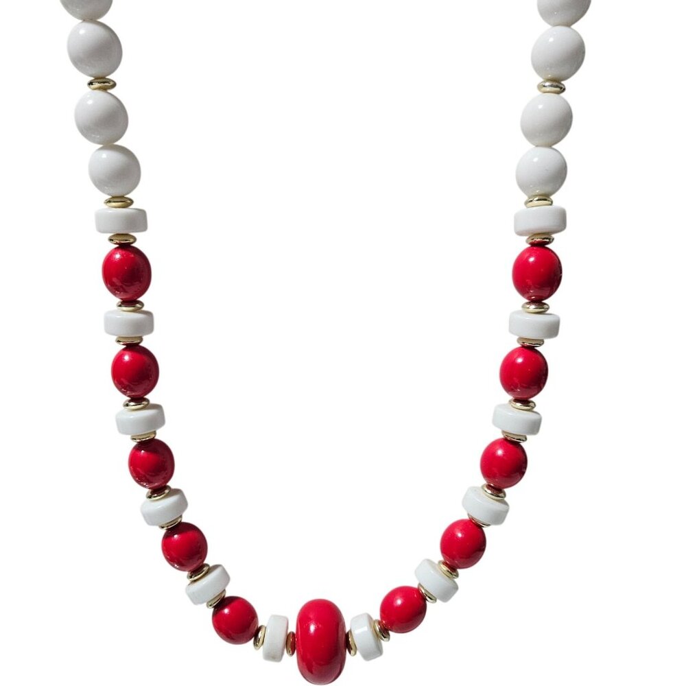 Vintage Red White Beaded Necklace Retro 50s 60s Classic Fashion Jewelry Women